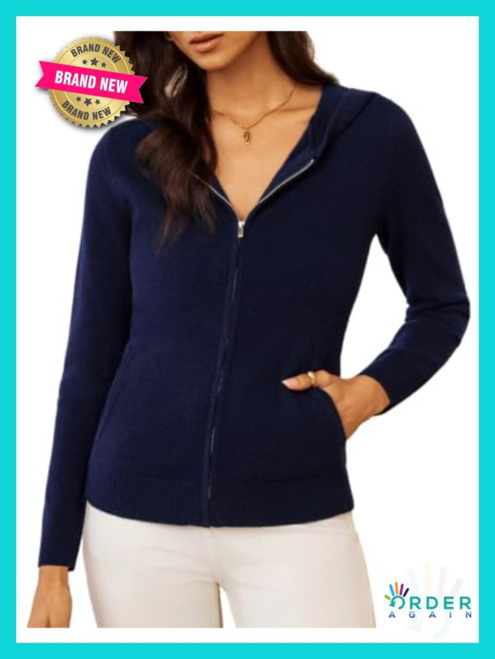 100% Merino Wool Zip Up Hooded Cardigan Sweater Long Sleeve